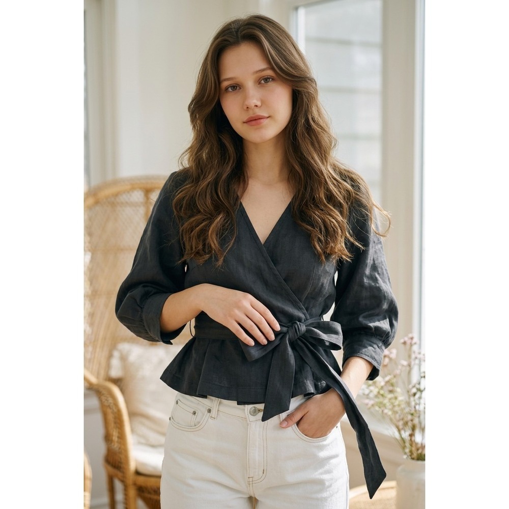 Y2K Collective Concepts‎ Black Silk Cotton Wrap Peplum Coquette Blouse S/M